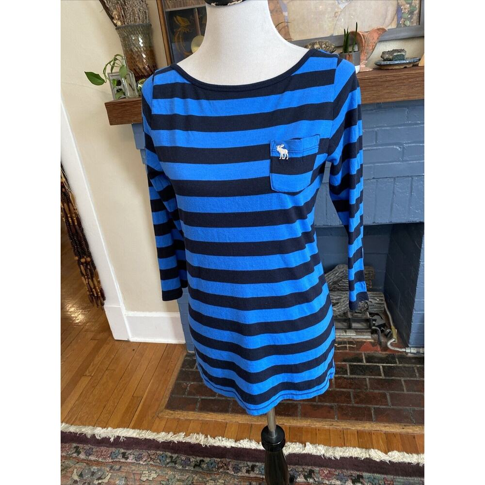 NEW Abercrombie & Fitch L Women’s Y2K Blue Striped Scoop Pocket T-shirt 90s - Picture 2 of 12